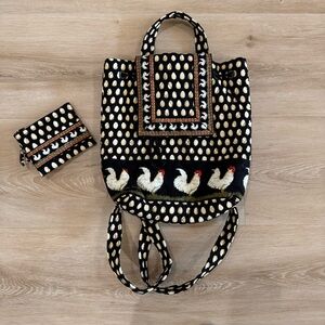 Vintage Vera Bradley Chanticleer Mimi Backpack Rooster Eggs Black Retired Rare